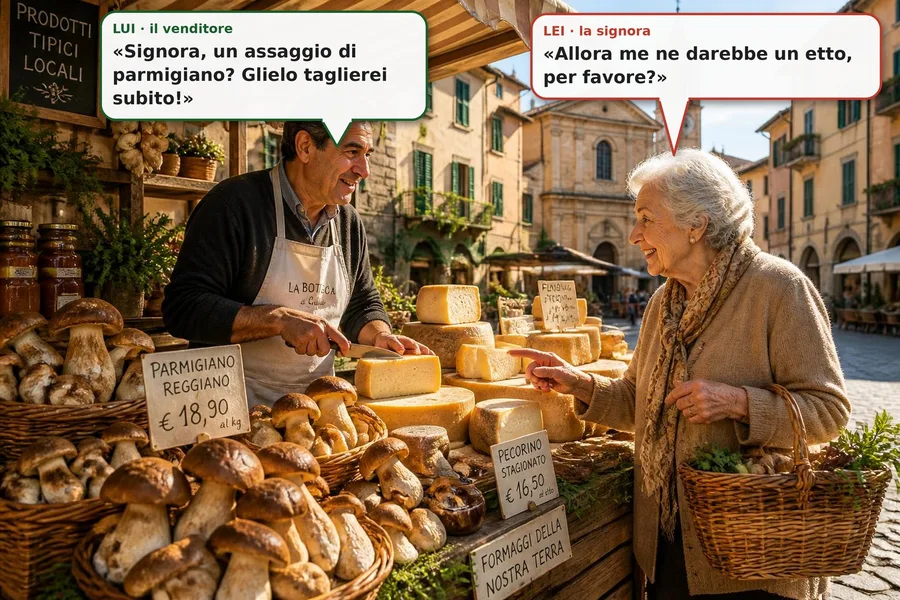 Cena de mercado italiano: um vendedor oferece queijo parmigiano a uma senhora, com balões de fala em italiano.