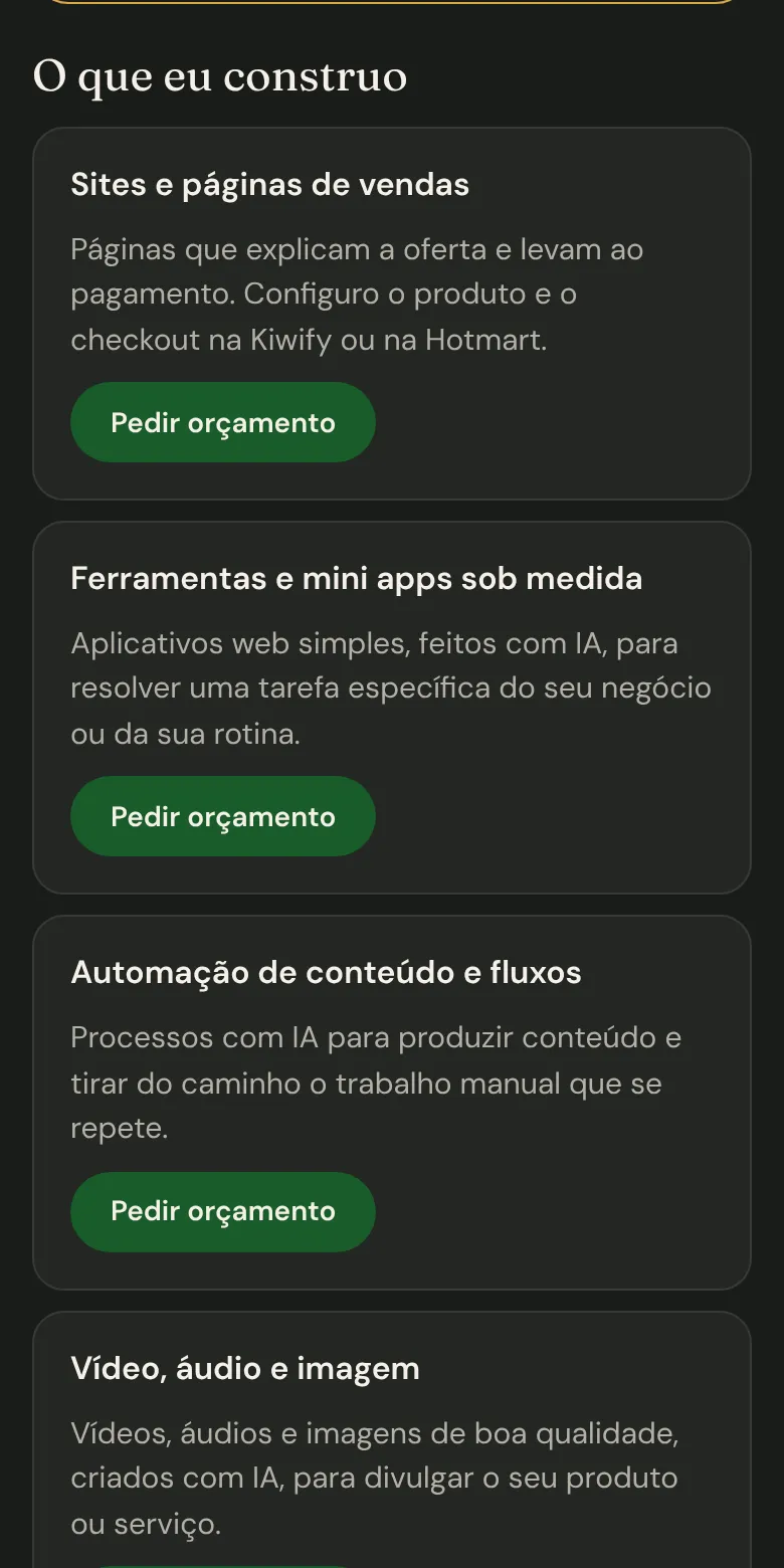 Serviços com botão de pedir orçamento pelo WhatsApp.